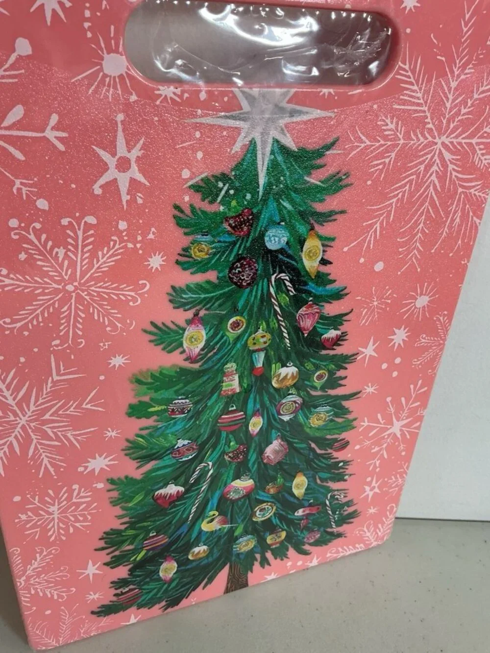 Pink Vintage Style Christmas Tree Cutting Board Plastic 10x14 New